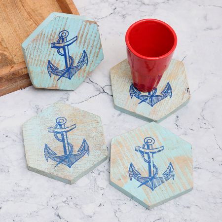 Handmade Wooden Coasters with Anchor Pattern - Pack of 4